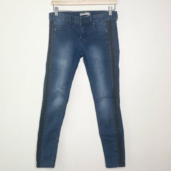 Free People Vegan Leather Trim Blue Skinny 5 Pocket Aquatic Blue Sz 27 - Picture 3 of 12